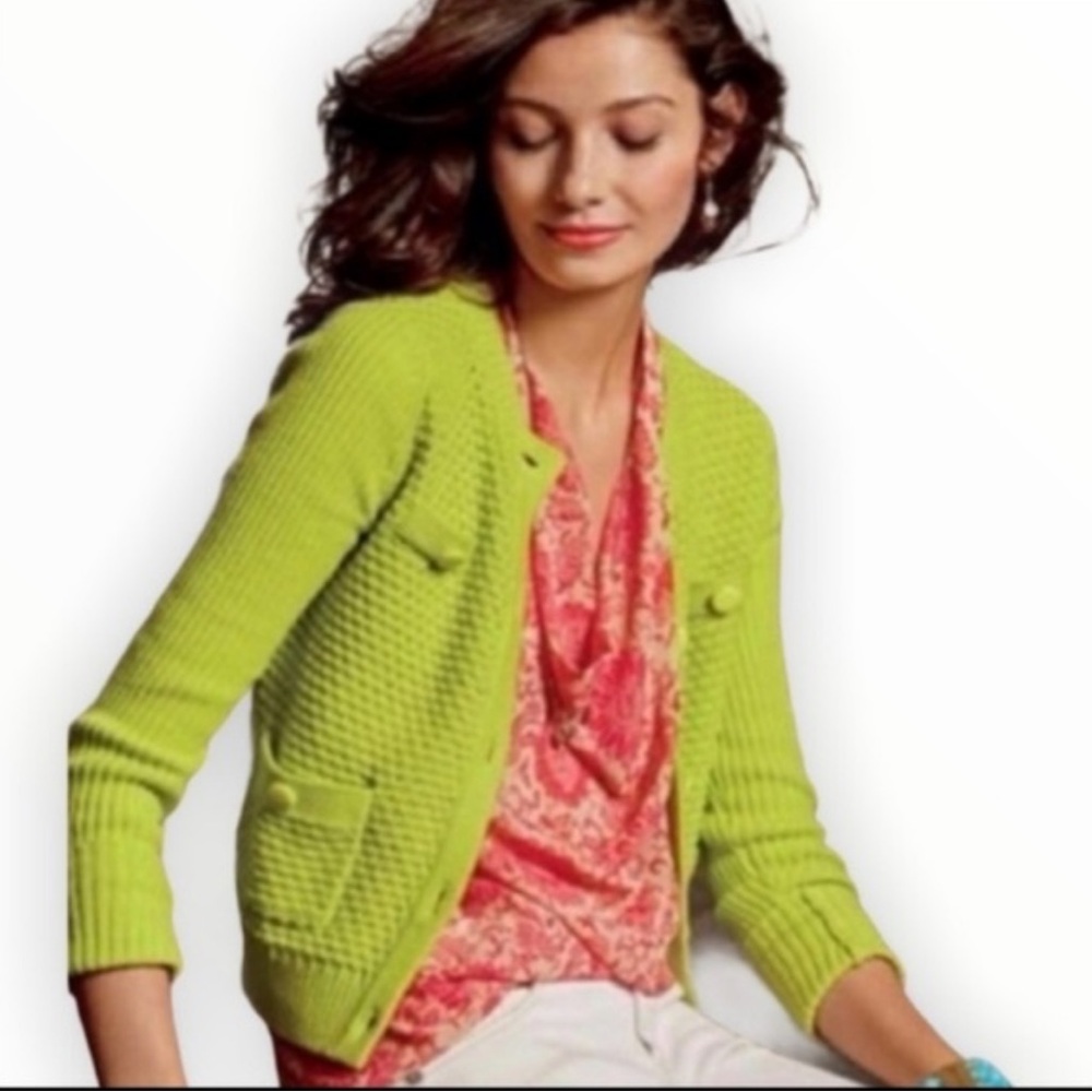 Cabi neon yellow green knit button up Loren cardigan size medium